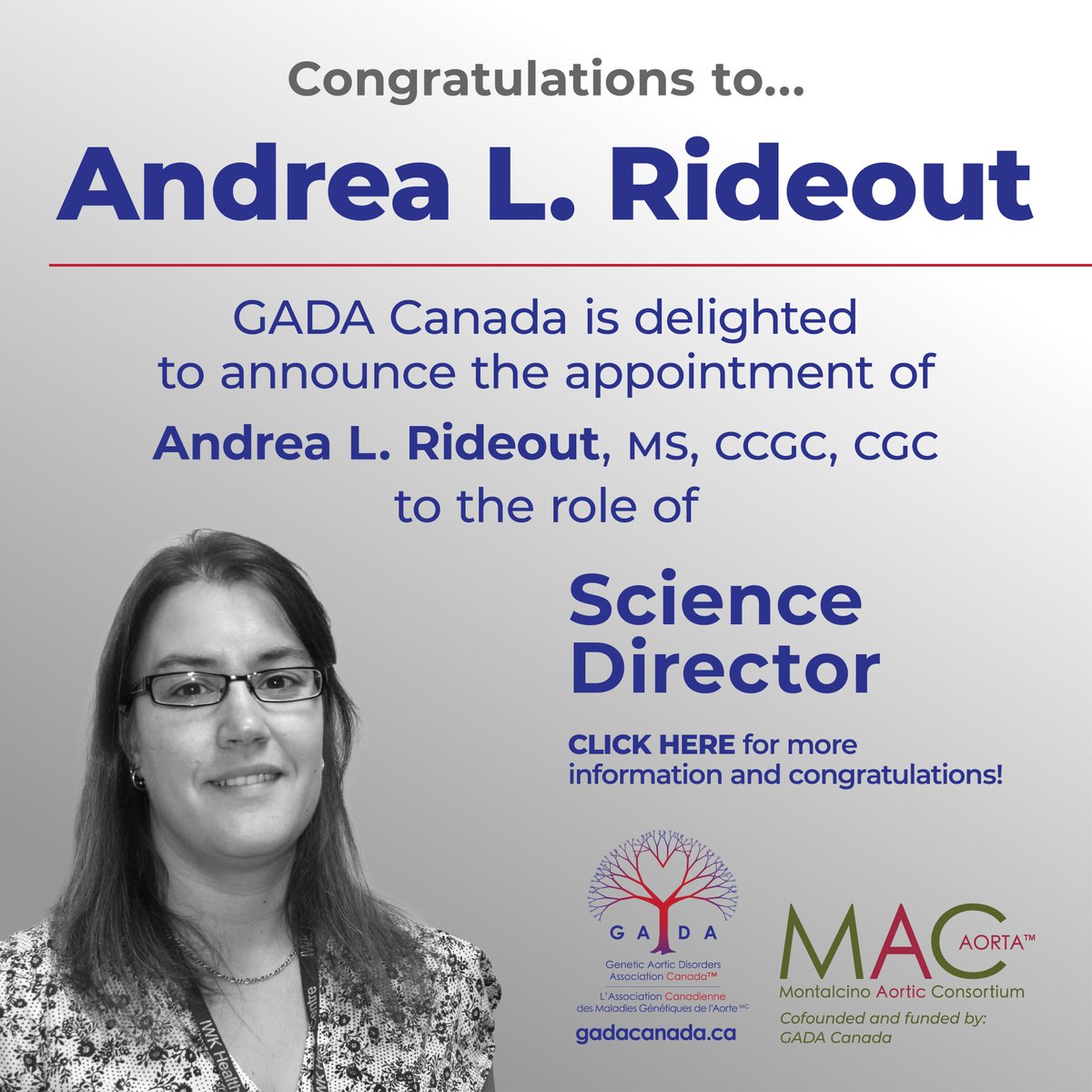GADACanada (@aorticdisorders) on Twitter photo We are delighted to announce Andrea L. Rideout is our new Science Director! With over 20 yrs of experience in genetic counselling, clinical care, research, & education, Andrea brings extensive expertise and leadership to GADA’s mission. Read more here: gadacanada.ca/news/2025/2/6/… We are delighted to announce Andrea L. Rideout is our new Science Director! With over 20 yrs of experience in genetic counselling, clinical care, research, & education, Andrea brings extensive expertise and leadership to GADA’s mission. Read more here: gadacanada.ca/news/2025/2/6/…