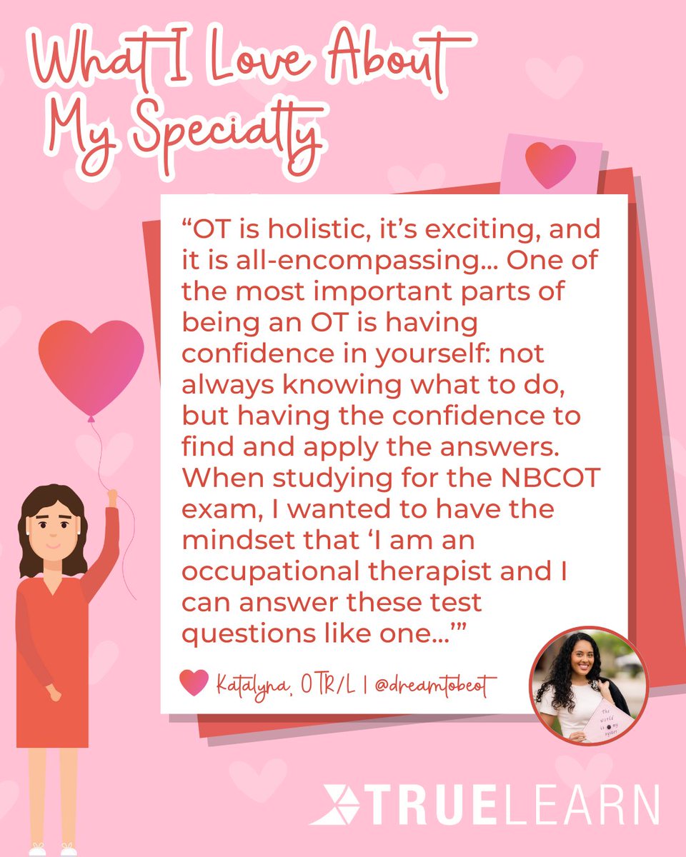 TrueLearnLLC's tweet image. What I Love About My Specialty: Occupational Therapy ❣️

Learn why Katalyna, OTR/L loves occupational therapy! 

#occupationaltherapy #ot #otstudent #otschool #futureot #healthcare #healthcarespecialty #celebrate #motivation #truelearn
