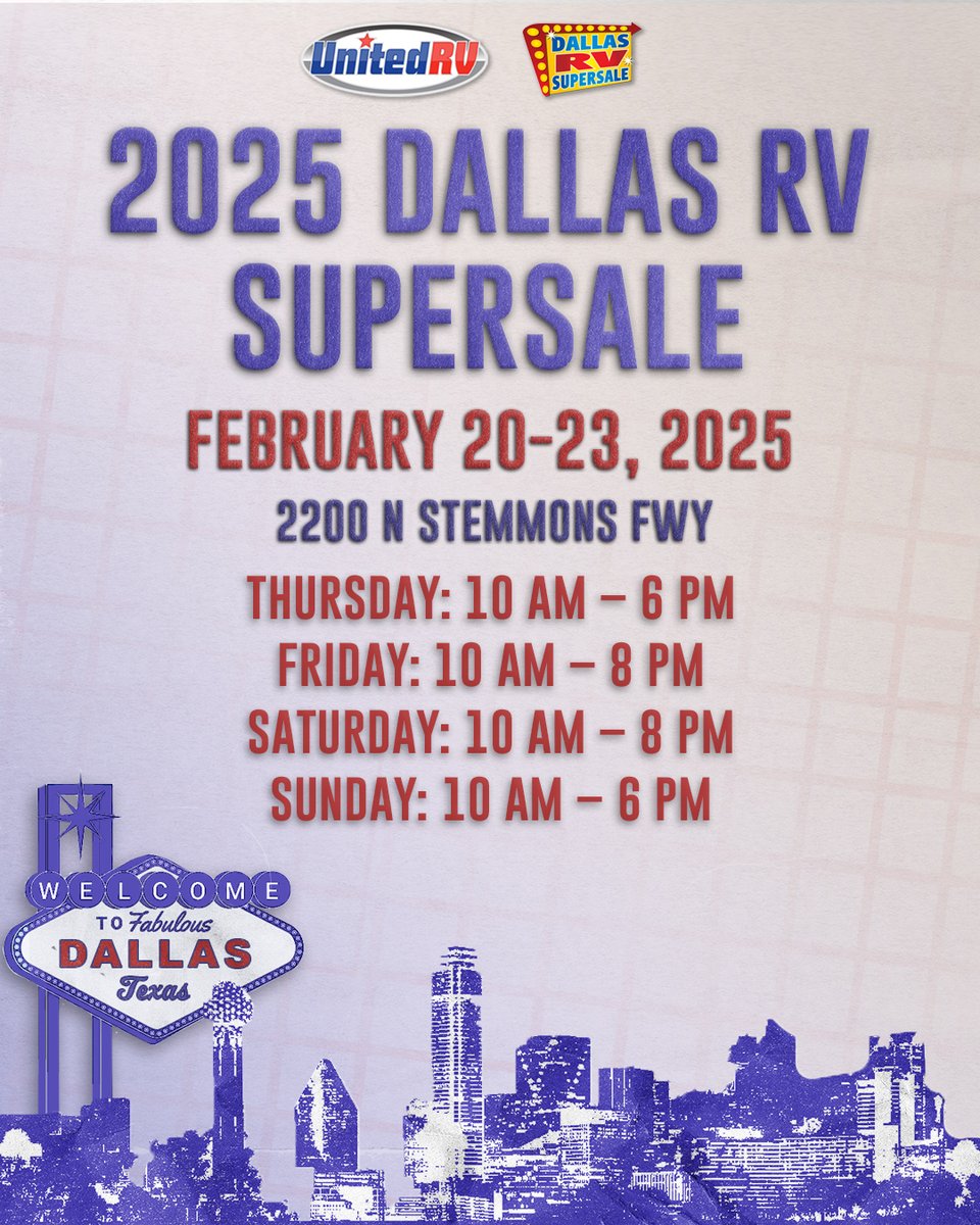 UnitedRV's tweet photo. Get ready for the Dallas RV Supersale starting February 20th! UnitedRV is proud to be a participating dealer, bringing you the best deals on top-of-the-line RVs. Whether you're a seasoned traveler or new to the RV life, we have something for everyone! See you there! https://t.co/YL9o3RVGMP