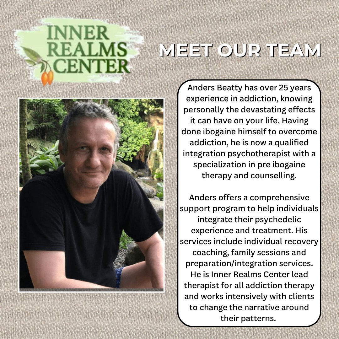 InnerRealmsVC's tweet image. Anders Beatty is a qualified Integrative Psychotherapist and specializes in Pre Ibogaine Recovery Coaching and Counselling.  He is also a regular speaker and panel member at Psychedelic and Entheogenic conferences and frequently appears on podcasts.