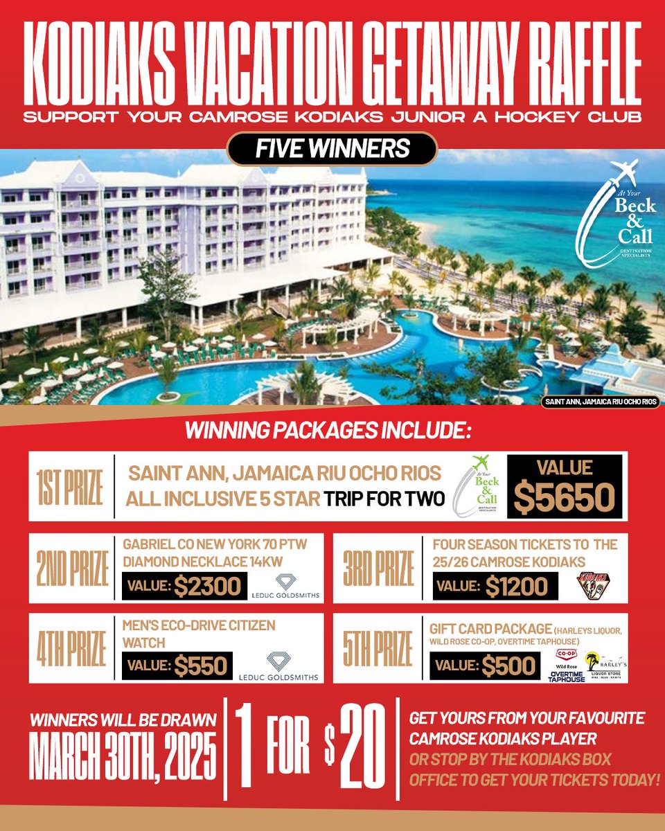 🏝️ Win a dream vacation!🏝️

Enter the Kodiaks Vacation Getaway Raffle for your shot at a 7-day all-inclusive trip to Jamaica 🌊☀️ + other amazing prizes!

🎟️ Get your tickets at Kodiaks games, the box office (Wed/Fri 10AM-2PM), or from Kodiaks players.

📅 Draw: March 30, 2025