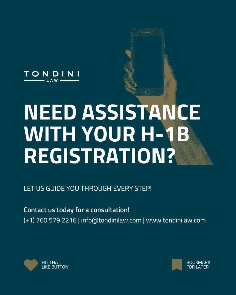 TondiniLaw's tweet photo. ➡️ What’s next? Let #TondiniLaw handle your #H1B registration seamlessly.

Contact us today!

(+1) 760 579 2216 | info@tondinilaw.com | https://t.co/mH1BhtYJXu

#WorkInTheUSA #ImmigrationHelp #USCIS #ImmigrationLaw #ImmigrationAttorney #VisaExperts #VisaSolutions #USVisa https://t.co/ZJ4fL0IZJd