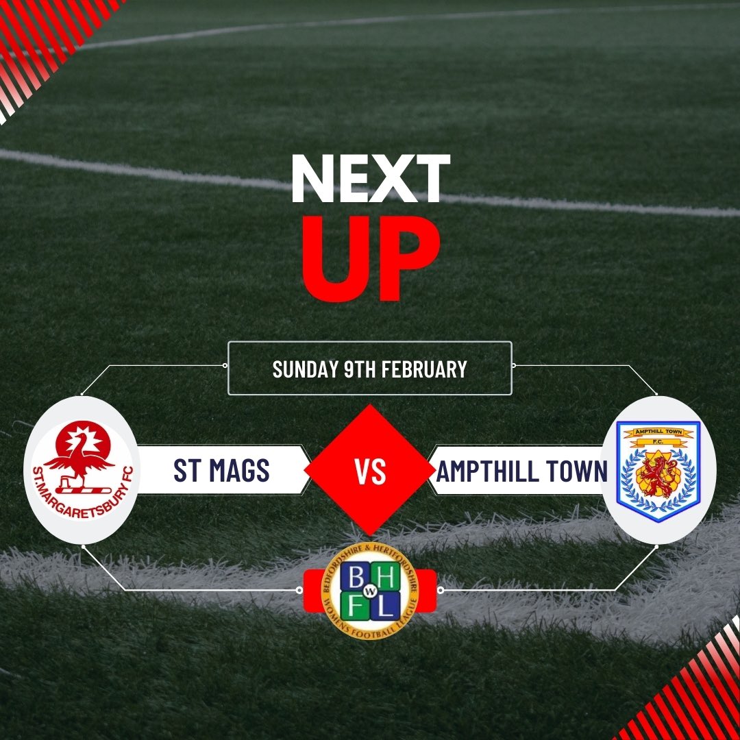St. Margaretsbury Ladies FC (@stmagsladiesfc) on Twitter photo ⚽️NEXT UP⚽️
🆚 <a href="/atfcwomen/">Ampthill Town FC - Ladies</a>
📆 Sunday 9th February
🏟 St Margaretsbury Football Club
📍 Stansted Abbotts, Ware, SG12 8EH
🕑 14:00 ⚽️NEXT UP⚽️
🆚 <a href="/atfcwomen/">Ampthill Town FC - Ladies</a>
📆 Sunday 9th February
🏟 St Margaretsbury Football Club
📍 Stansted Abbotts, Ware, SG12 8EH
🕑 14:00