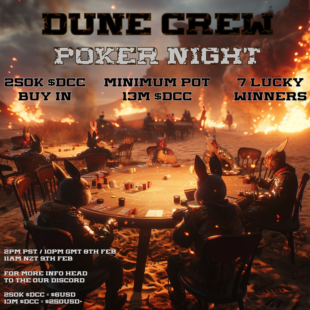 DuneCrew_xyz's tweet photo. The pot is currently at 13.25M $DCC + extras with ONLY 8 players registered so far!

Your odds are looking pretty damn good right about now, get amongst!

Winnings at this pot size (in $DCC)
1st: 5.96M
2nd: 3.31M
3rd: 1.98M
4th: 1.32M
5th: 662k
+ something extra for the last 2 🤑 https://t.co/Fntuck9uh3