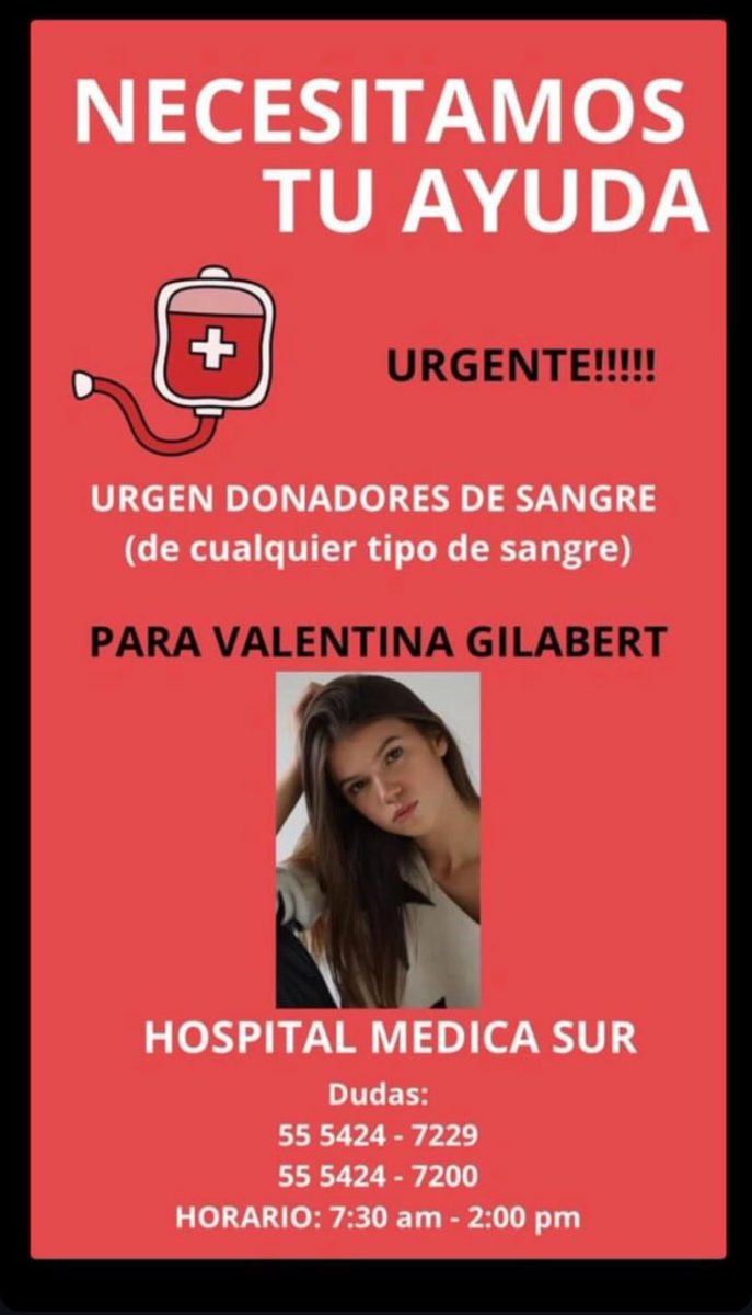 brujasdelmar's tweet photo. ¡URGENTE!

Se solicitan donadores de cualquier tipo de sangre para Valentina Gilabert.

📍 Hospital Médica Sur
🕒 Horario de donación: 7:30 am - 2:00 pm

Para más información, comunícate a:
📞 55 5424 7229
📞 55 5424 7200 https://t.co/kbs1VxfRMu