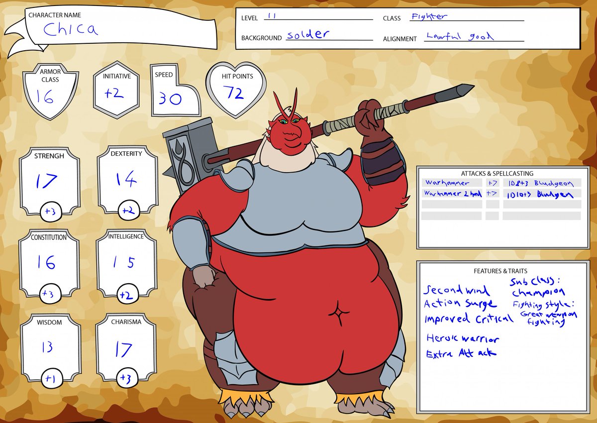 CharizardMasked's tweet photo. Every now and then, Ava, Chica and Garrus get together and play a few sessions of D&amp;D. Here are some character sheet style refs for their characters.

First up - Chica the fighter

FA link: https://t.co/bYFHfxybJt
DA link: https://t.co/sqRLP2nQgk https://t.co/89b3kmxIdn