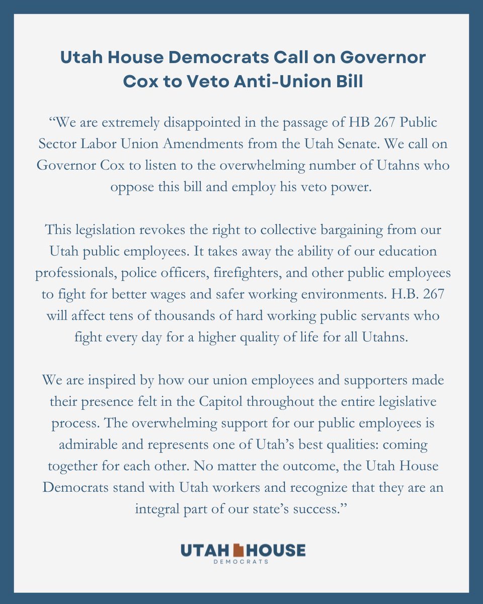 The Utah House Democratic Caucus released the following statement on H.B. 267 Public Labor Union Amendments.
