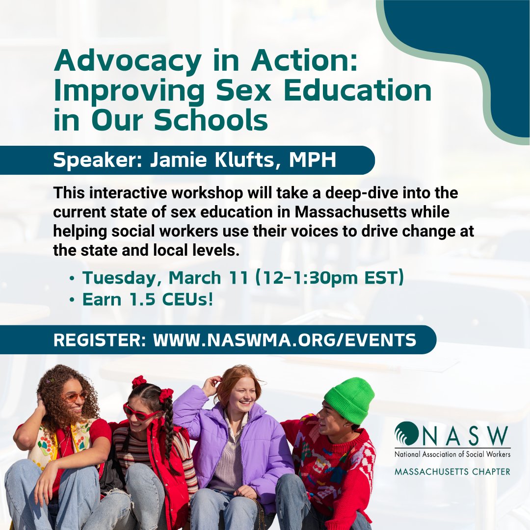 Join Jamie Klufts, MPH in her webinar "Advocacy in Action: Improving Sex Education in Our Schools" on Tuesday, March 11. Participants will take a deep-dive into the current state of sex education in Massachusetts. 1.5 CEUs  available! Register today naswma.org/events/EventDe…