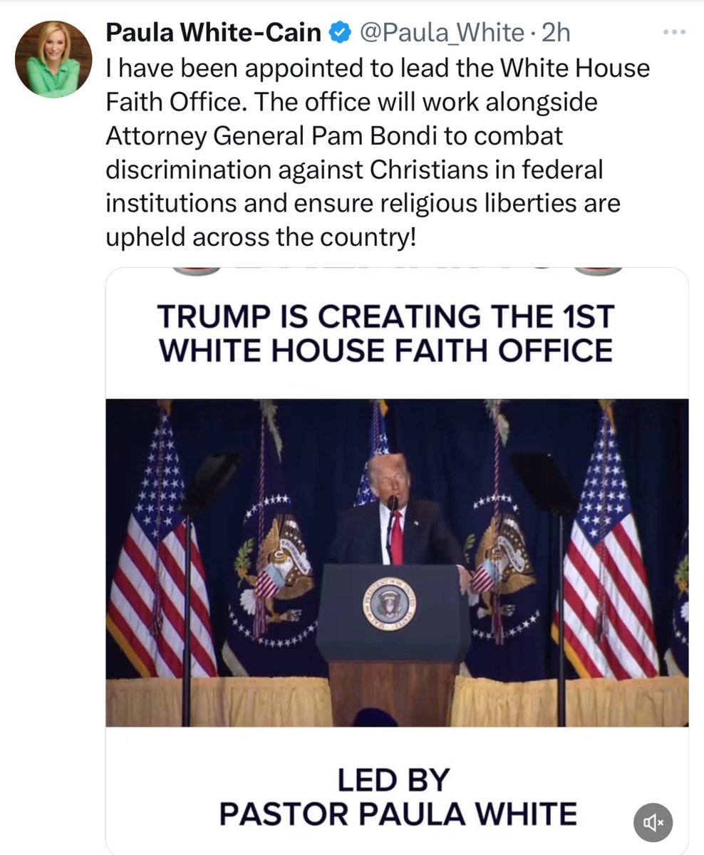 LMerritt1's tweet photo. #ProudBlue #DemsUnited 

Trump has appointed Paula White, Evangelical televangelist & friend of Trump since 2002, to lead the new White House Faith Office. White believes Trump is chosen by God has compared him to other unlikely Biblical leader and often leads prayers for his success. I think it's safe to say Paula White and her followers do not believe in separation of church & state.