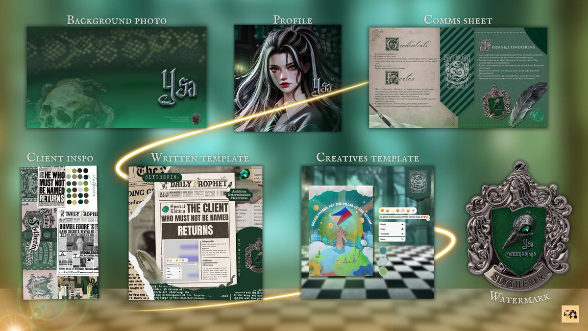 🐍🐍🐍

So exhilarated to show off a branding package I crafted for our dearest friend, Ysa Commissioner. She requested a slytherin theme using the color palette of deep greens with silver accents💚⚡