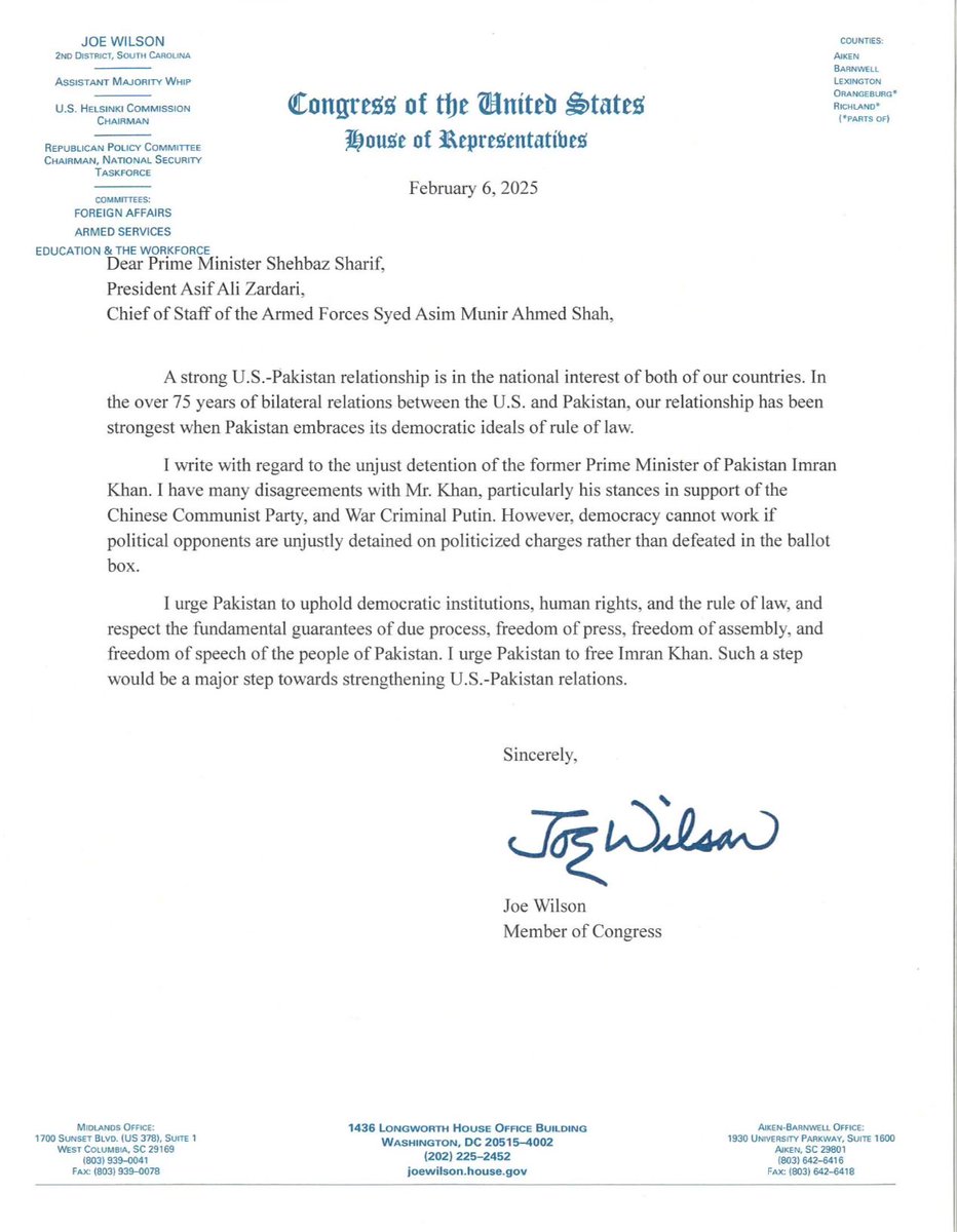 Grateful to send this letter today to the political and military leaders of Pakistan to Free Imran Khan. I will also be engaging the Trump administration on this issue.

US-Pakistan relations are strongest when Pakistan is democratic

Free Imran Khan