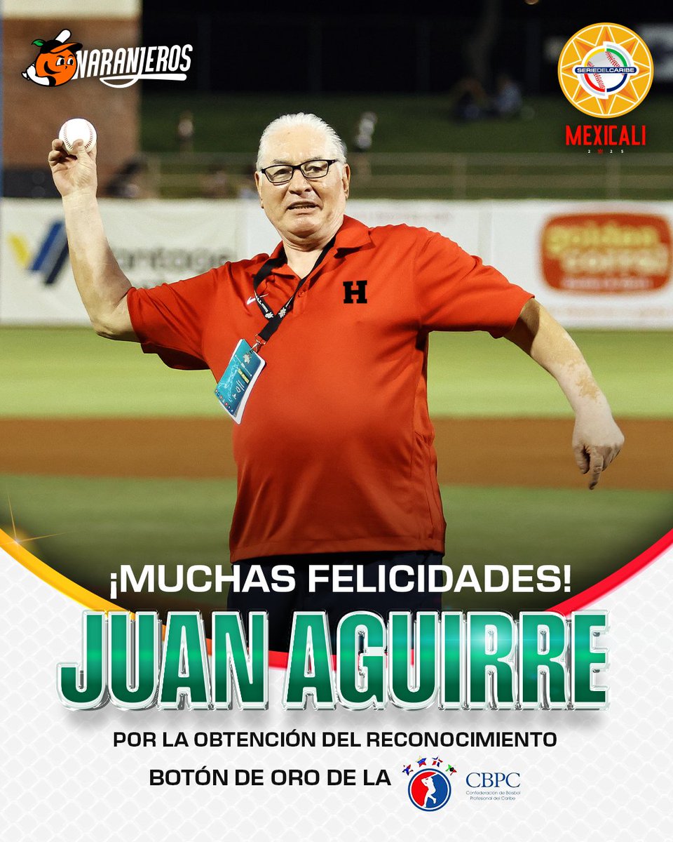 ¡Reconocimiento a una trayectoria ejemplar! 👏🏼⚾ Juan Aguirre ha sido distinguido con el Botón de Oro, un galardón otorgado por la CBPC <a href="/beisboldecaribe/">Serie del Caribe</a> a quienes han contribuido al desarrollo del béisbol en el Caribe.

¡Felicidades por este merecido honor! 🏆🍊