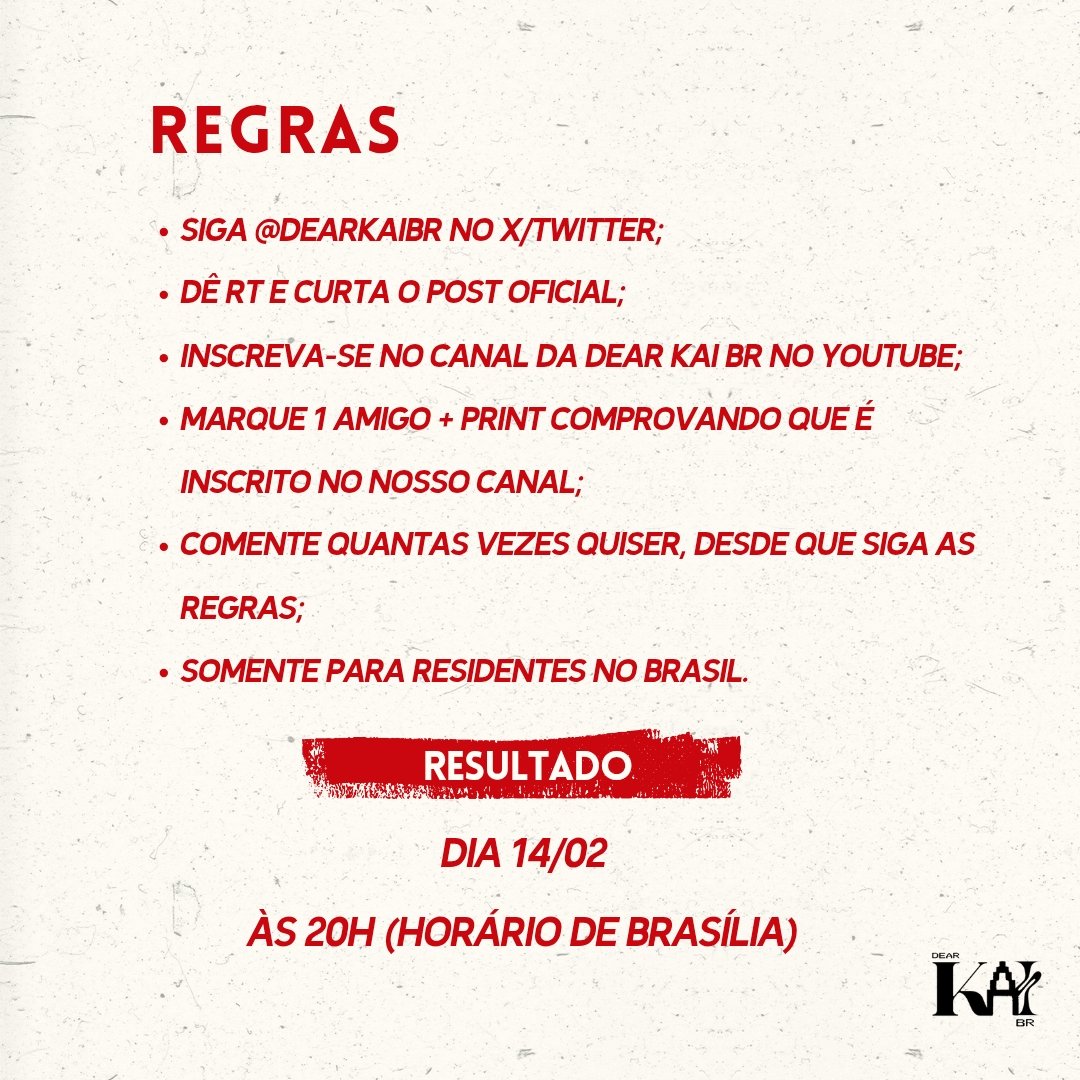 dearkaibr's tweet image. 💛  SORTEIO - WELCOME BACK KAI 💛

Para comemorar a dispensa de Kim Jongin do serviço militar, vamos sortear um Photobook Fanmade do KAI's Ordinary Day. Confira as regras na imagem abaixo e participe! ⬇️

KAIting! ✨

• Link do nosso canal no YouTube: bit.ly/4jYPmqC…