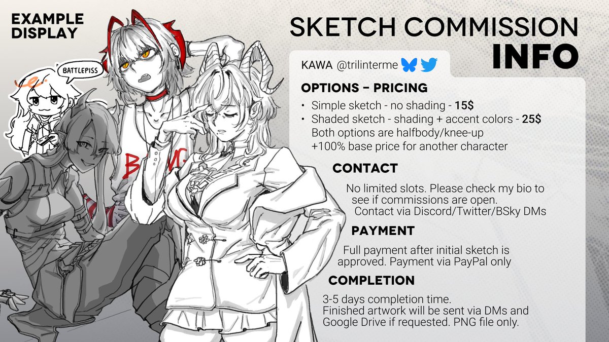 trilinterme's tweet image. hi kawa
if you want a drawing from me, i'm now open for comms. check bio for status. dm for any questions
please and thankyou ๐๐๐๐