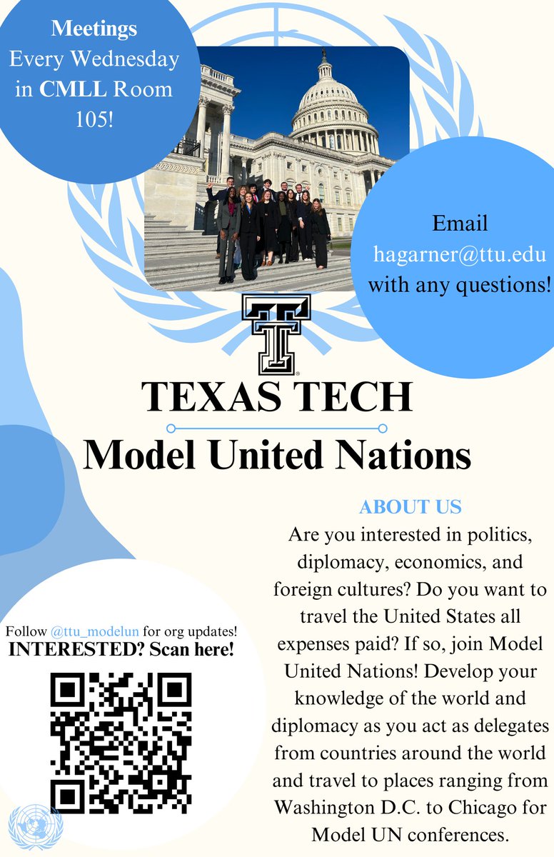This Spring semester, consider becoming part of the TTU Model United Nations.   For more information read below.   

🔴⚫️ 👆