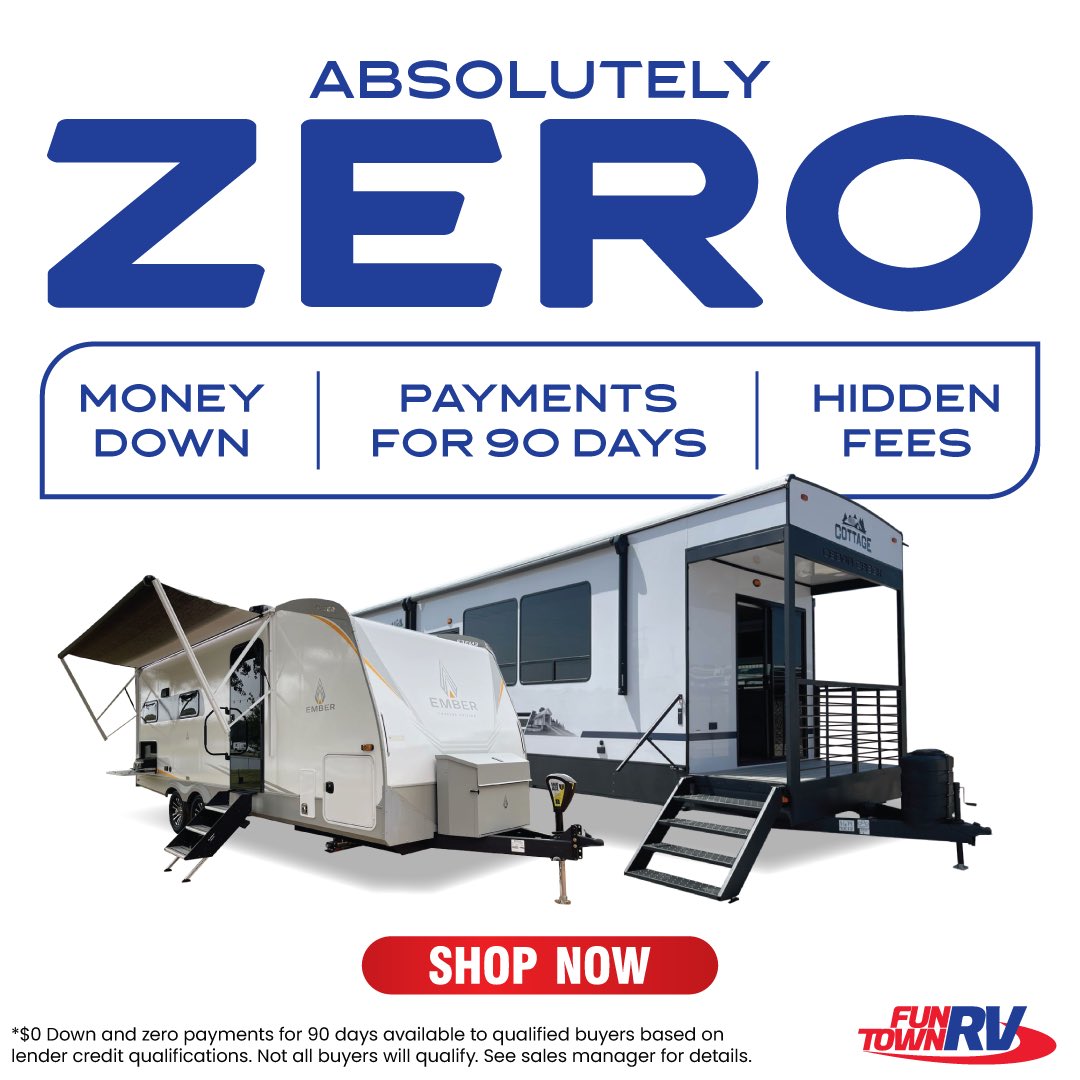 FunTownRV's tweet image. 🎉 Make America Fun Again with Absolutely ZERO Reasons Not to RV! 🎉

💥 ZERO Money Down
💥 ZERO Payments for 90 Days
💥 ZERO Hidden Fees

At Fun Town RV, we don’t play games with fake fees like Prep and Freight. Other dealers take advantage—WE DON’T. With us, it’s Better…