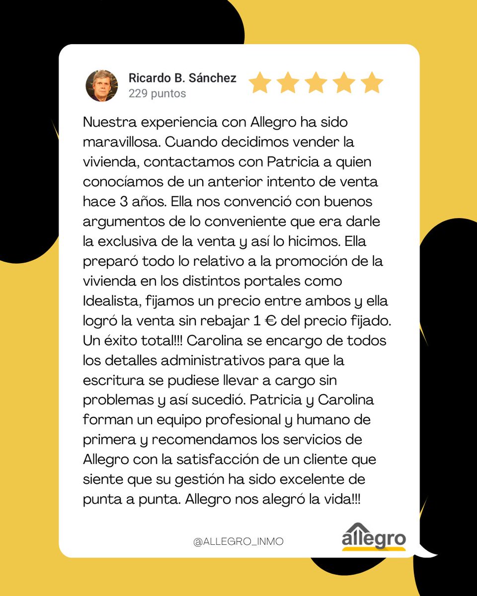 ✨ ¡La satisfacción de nuestros clientes es nuestra mayor recompensa! 🏡

🔑 “Allegro nos alegró la vida”, palabras como estas nos motivan a seguir ofreciendo un servicio excepcional. Gracias a Ricardo B. Sánchez por confiar en nosotros para vender su vivienda