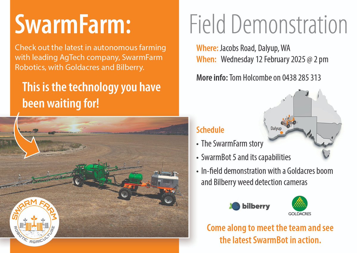 SwarmFarm Robotics (@swarmfarm) on Twitter photo Get ready to dive into the #FutureOfFarming!
Join us for a field demo of the cutting-edge SwarmBot 5 coupled with an autonomous <a href="/GoldacresAust/">Goldacres</a> sprayer and <a href="/BilberryAgri/">Bilberry (now part of PTx Trimble)</a> weed detection cameras:
📍Dalyup, WA
📅 Wednesday, 12th February @ 2 pm
Looking forward to seeing you there! Get ready to dive into the #FutureOfFarming!
Join us for a field demo of the cutting-edge SwarmBot 5 coupled with an autonomous <a href="/GoldacresAust/">Goldacres</a> sprayer and <a href="/BilberryAgri/">Bilberry (now part of PTx Trimble)</a> weed detection cameras:
📍Dalyup, WA
📅 Wednesday, 12th February @ 2 pm
Looking forward to seeing you there!