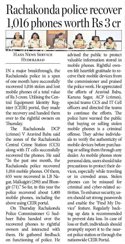 MalkajgiriCop's tweet photo. #RachakondaPolice Recovers 1,016 Lost/Stolen Mobile Phones!
Under the leadership of Sri G. Sudheer Babu, IPS, Commissioner of Police, Rachakonda, special teams from #CCS & #IT_Cell leveraged the CEIR Portal to track and recover 1,016 #mobile_phones worth ₹3.0 Cr in just one month!