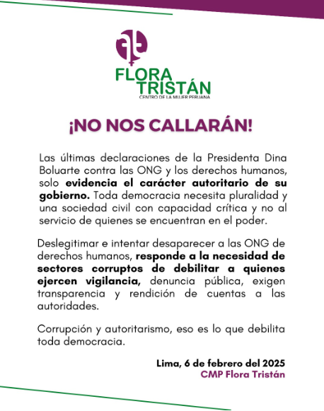 El pronunciamiento del Centro Flora Tristán sobre las declaraciones de Dina Boluarte (investigada y denunciada por asesinato).