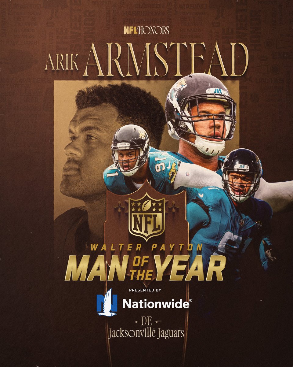NFL (@nfl) on Twitter photo Jaguars DE Arik Armstead is the 2024 Walter Payton NFL Man of the Year presented by <a href="/Nationwide/">Nationwide</a>! #WPMOY #NFLHonors
<a href="/arikarmstead/">Arik Armstead</a> <a href="/Jaguars/">Jacksonville Jaguars</a> Jaguars DE Arik Armstead is the 2024 Walter Payton NFL Man of the Year presented by <a href="/Nationwide/">Nationwide</a>! #WPMOY #NFLHonors
<a href="/arikarmstead/">Arik Armstead</a> <a href="/Jaguars/">Jacksonville Jaguars</a>
