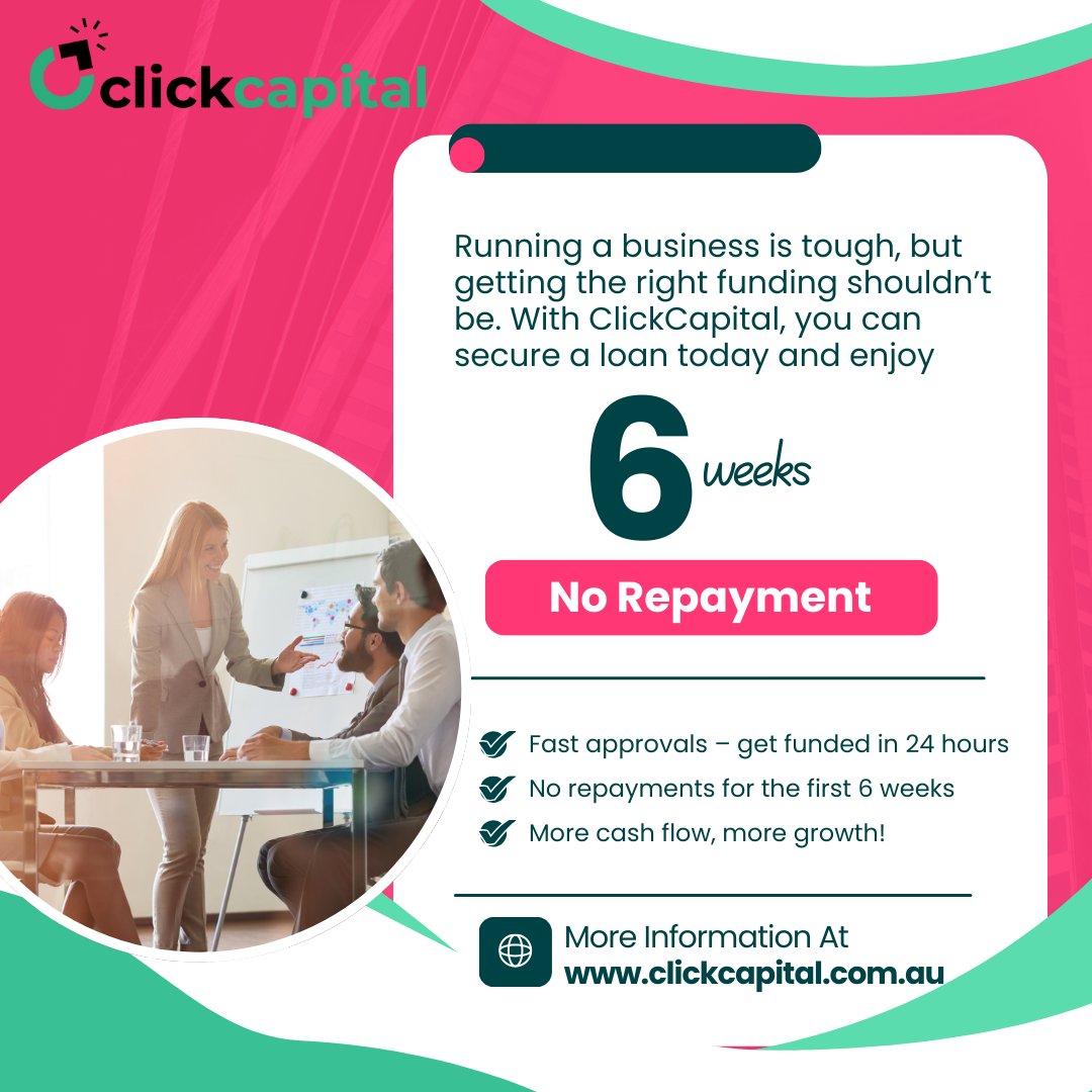 ClickCapitalaus's tweet image. Business is challenging, but getting funded is easy!Secure a loan with ClickCapital—enjoy 6 weeks repayment-free, fast approvals, and stress-free growth. #BusinessLoans #FastFunding #SmallBizSuccess #FinanceMadeEasy #ClickCapital #GrowYourBiz 

clickcapital.com.au