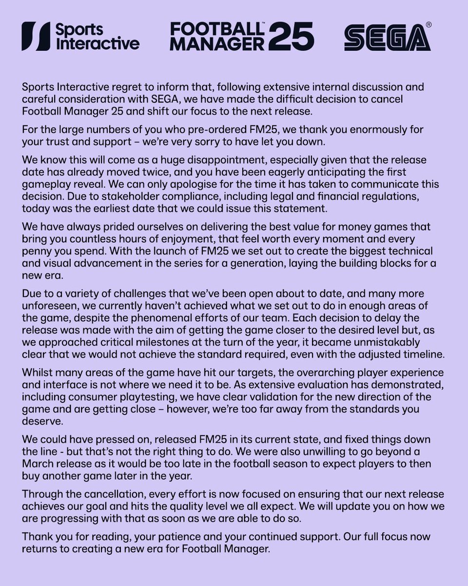 Wario64's tweet image. Football Manager 25 is cancelled footballmanager.com/news/developme…