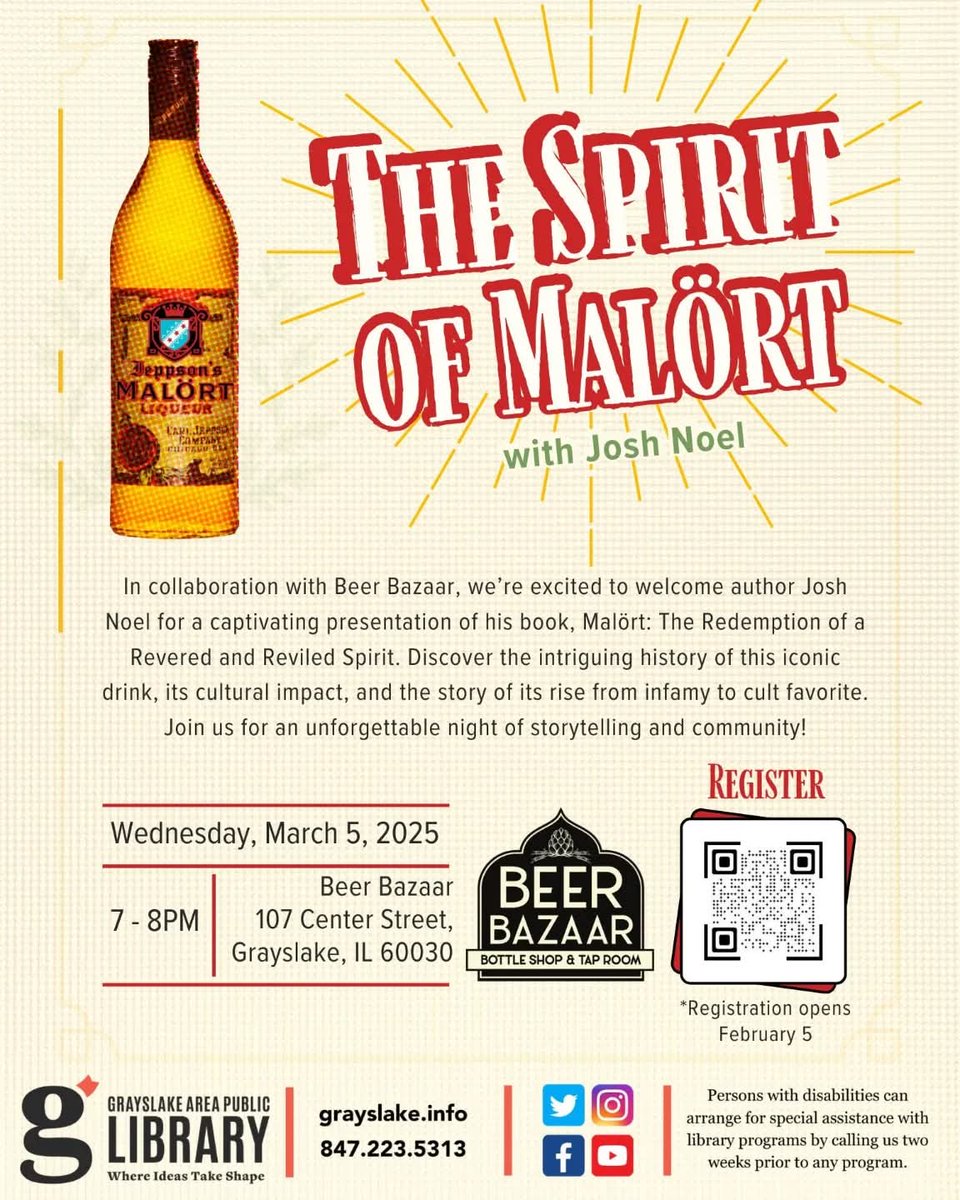 Join us for an evening with author Josh Noel! He'll be discussing his book #Malört: The Redemption of a Revered and Reviled Spirit. Learn about this iconic drink's history &amp; cult following. Register now for "The Spirit of #Malort with Josh Noel"!  grayslake.librarycalendar.com/event/malort-n…