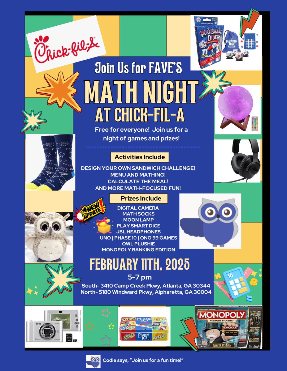Fulton Academy of Virtual Excellence (@fcs_fave) on Twitter photo 📢✨FAVE's Family Math Night at Chick-fil-A! ✨📢
Bring the family, enjoy dinner with teachers & friends, and WIN awesome prizes! 🎉 Plus, every family gets a FREE Digital Monopoly Game! 🏆🎲
Don't miss out on the fun—see you there! 🍽️📚 #FamilyMathNight #theFAVEway <a href="/FCS_FAVE/">Fulton Academy of Virtual Excellence</a> 📢✨FAVE's Family Math Night at Chick-fil-A! ✨📢
Bring the family, enjoy dinner with teachers & friends, and WIN awesome prizes! 🎉 Plus, every family gets a FREE Digital Monopoly Game! 🏆🎲
Don't miss out on the fun—see you there! 🍽️📚 #FamilyMathNight #theFAVEway <a href="/FCS_FAVE/">Fulton Academy of Virtual Excellence</a>