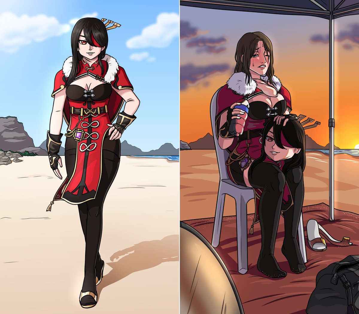 finally sharing some amazing art i got!!! evoking the before and after of a shoot i did with beidou on a rather hot day back in july!

ah, to spend a long time being beidou on a hot day... 🥵😄💦