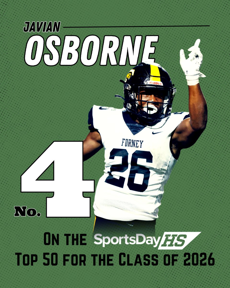 SportsDayHS (@sportsdayhs) on Twitter photo .<a href="/FootballForney/">Jackrabbit Football</a> running back <a href="/osborne__era/">Javian “JO” Osborne</a> comes in at No. 4 on SportsDayHS' top 50 Dallas-area players in the Class of 2026 🔥
The Forney standout is a top 5 running back recruit in the country per 247Sports' Composite Rankings 🤩
#TXHSFB
See the full top 50 here: .<a href="/FootballForney/">Jackrabbit Football</a> running back <a href="/osborne__era/">Javian “JO” Osborne</a> comes in at No. 4 on SportsDayHS' top 50 Dallas-area players in the Class of 2026 🔥
The Forney standout is a top 5 running back recruit in the country per 247Sports' Composite Rankings 🤩
#TXHSFB
See the full top 50 here: