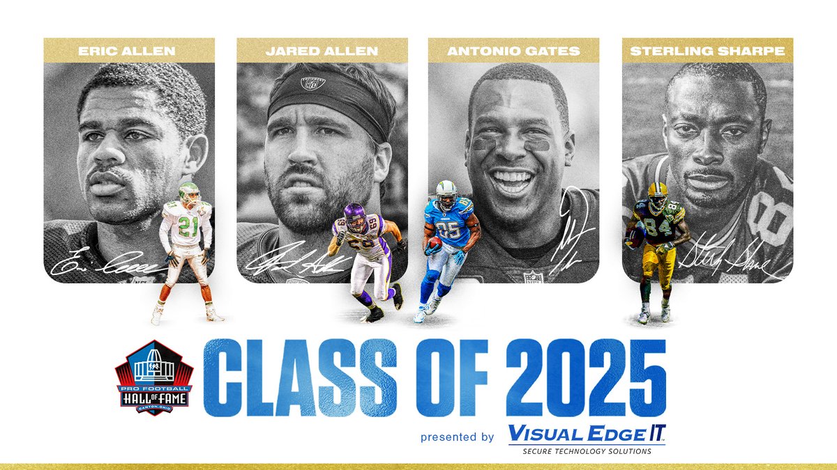 ProFootballHOF's tweet image. 🚨 NEWS 🚨
We are proud to announce the Pro Football Hall of Fame's Class of 2025, presented by @visualedgeit. -Eric Allen - Jared Allen - Antonio Gates - Sterling Sharpe.
Full story ➡️ profootballhof.me/4aQXbdR