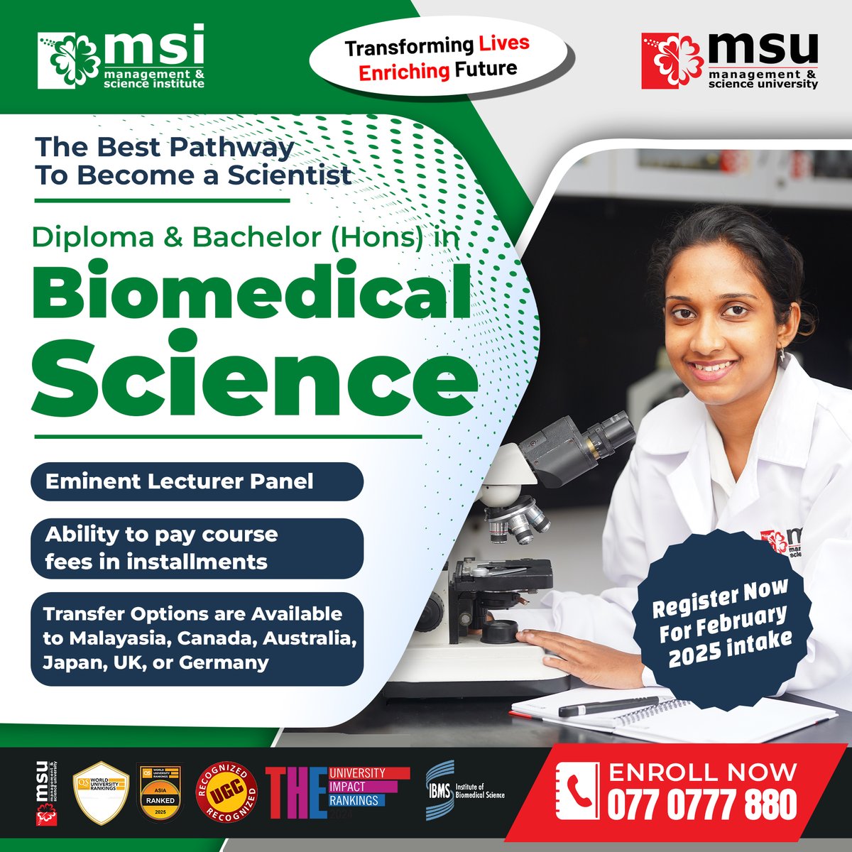 🚀 Shape your future in Biomedical Science! 🌟

Whether you've completed Edexcel, Cambridge O/L, or GCE A/L, our Diploma and Bachelor (Hons) in Biomedical Science programs are designed to set you on the path to becoming a successful scientist.
