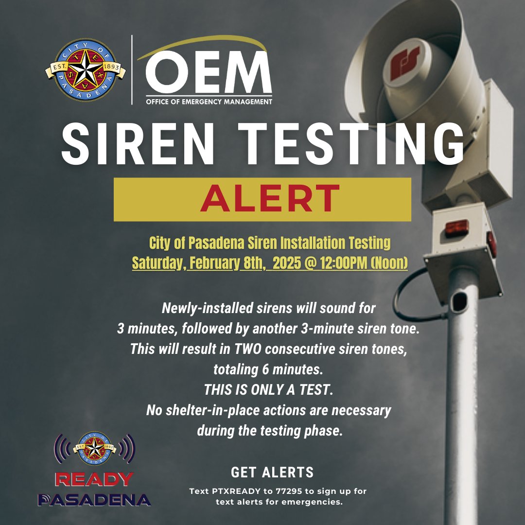 🚨 City of Pasadena Siren Testing 🚨
📅 Feb 8, 2025 | 12 PM
🔊 Sirens will sound twice (3 mins each) as part of system testing.
⚠️ THIS IS ONLY A TEST. No action needed.
📲 Sign up for alerts: Text PTXREADY to 77295
🔗 More info: pasadenatx.gov/sirens
#PasadenaTX