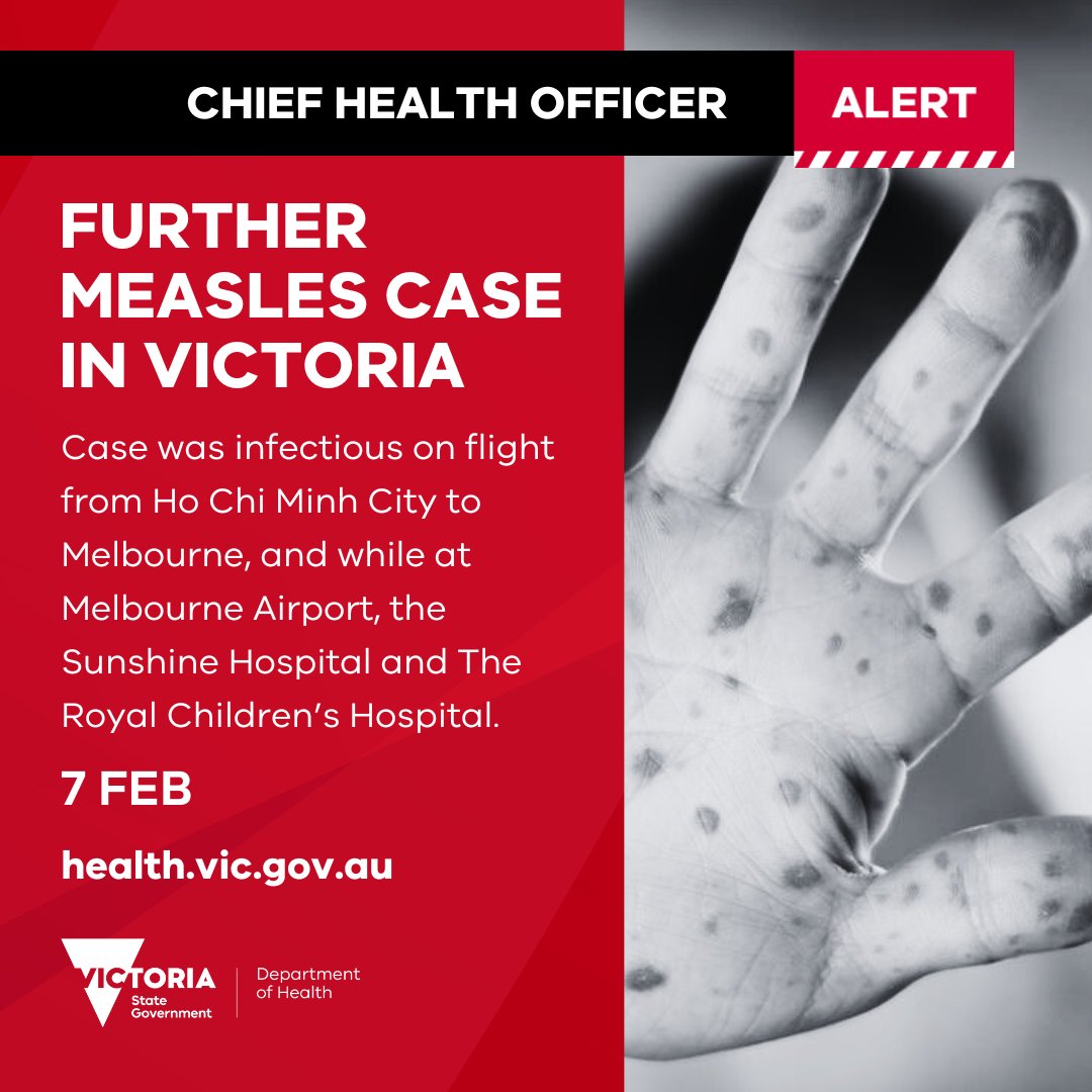 A new measles case has been reported in Victoria, with the total number of cases linked to travel in Vietnam since December 2024 now standing at eight. Growing outbreaks continue to be reported internationally including in Vietnam and Thailand

More go.vic.gov.au/3Q6xsnR

1/5🧵
