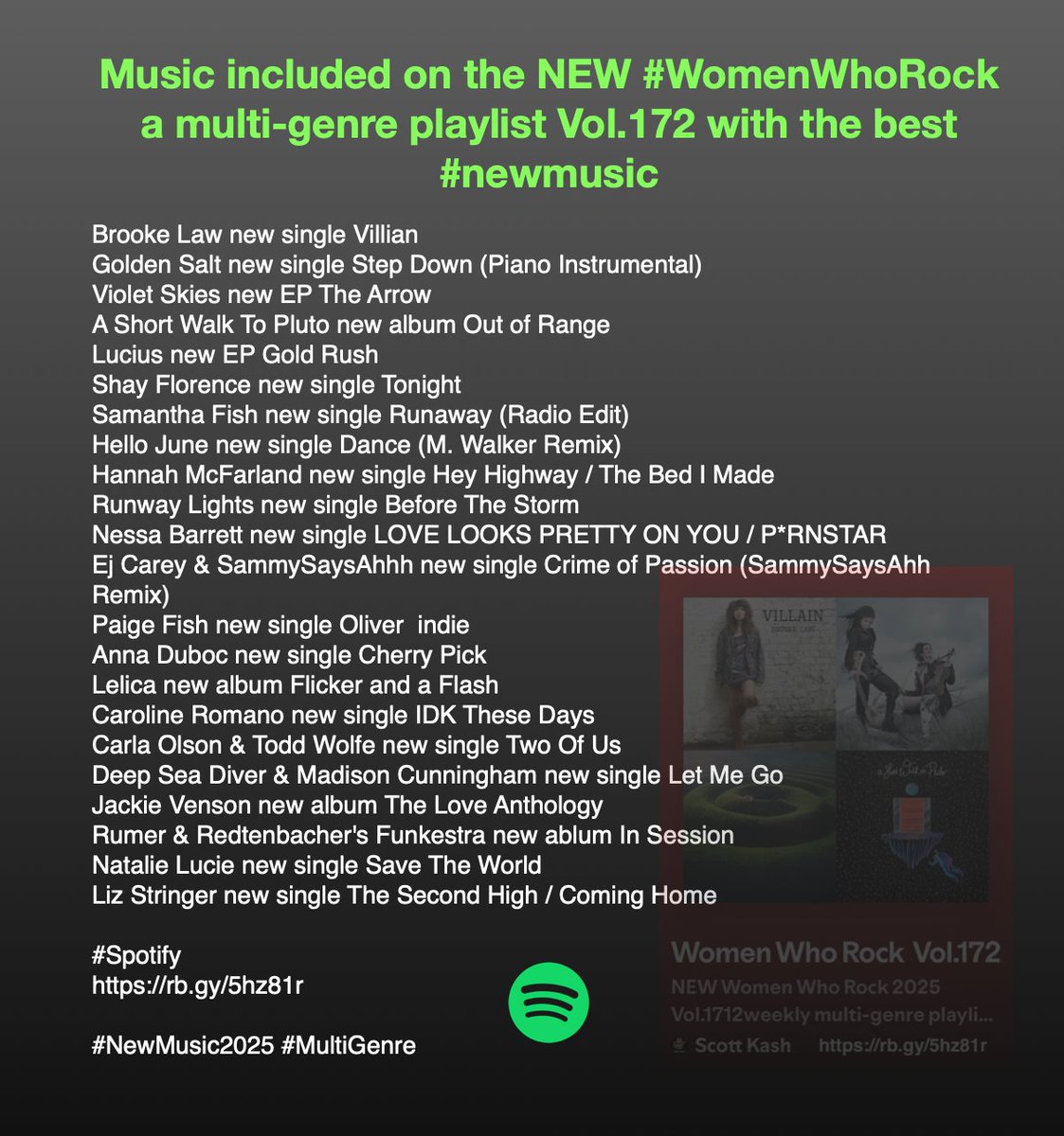 Music included on the NEW #WomenWhoRock a multi-genre playlist Vol.172 with the best #NewMusicFriday 
<a href="/ilovelucius/">Lucius</a> <a href="/Samantha_Fish/">Samantha Fish</a>  <a href="/hannahmcf_music/">Hannah McFarland</a> <a href="/Runway_Lights_/">Runway Lights</a> <a href="/nessabarrett/">baby cowboy</a>
 <a href="/AnnaDuboc/">Anna Duboc</a> <a href="/Lelicamusic/">Lelica</a>  <a href="/CarlaOlsonMusic/">Carla Olson</a> @deepseadiverband <a href="/Rumersongs/">Rumer</a>/<a href="/RBFunkestra/">Redtenbacher's Funkestra</a>