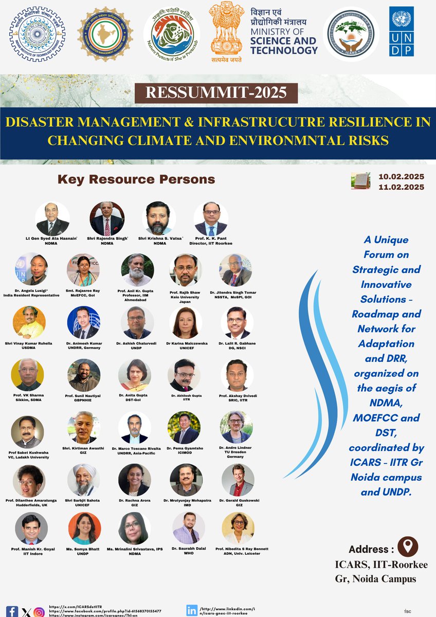 RESSUMMIT 2025 National Consultation on Disaster Resilience &amp; Infrastructure
<a href="/ICARSdstIITR/">ICARS GNEC IIT-Roorkee</a>  <a href="/ndmaindia/">NDMA India | राष्ट्रीय आपदा प्रबंधन प्राधिकरण 🇮🇳</a> , <a href="/moefcc/">MoEF&CC</a> , <a href="/IndiaDST/">DSTIndia</a> , <a href="/iitroorkee/">IIT Roorkee</a> , <a href="/UNDP_India/">UNDP India</a>  &amp; other global agencies to shape policy &amp; innovation for a sustainable future
📅 10-11 Feb 2025📍ICARS, IIT Roorkee,GNEC
(1/2)
