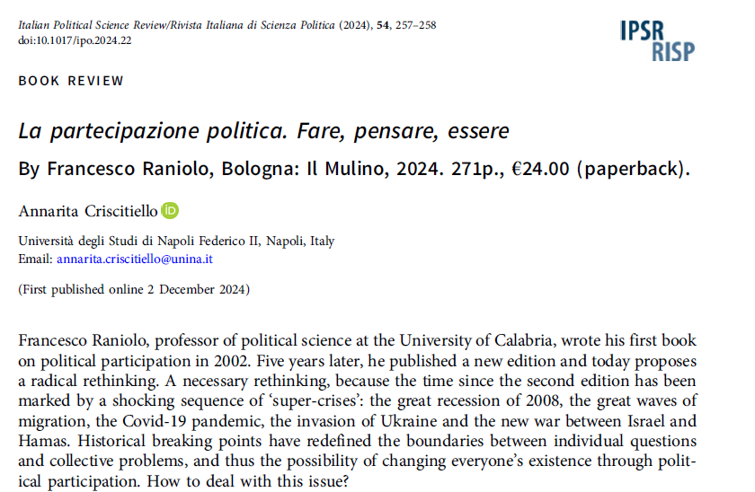 RISP Ita PolSc Rev (@ita_polsc_rev) on Twitter photo BookReview now out in our Vol 54/3❗️
<a href="/annacri_unina/">Annarita Criscitiello</a> reviews Francesco Raniolo's 2024 volume📖 on political participation, which analyzes its 3⃣ constitutive dimensions: being part, taking part and feeling part
<a href="/edizionimulino/">Edizioni del Mulino</a>
Enjoy #free access ➡️cambridge.org/core/journals/… BookReview now out in our Vol 54/3❗️
<a href="/annacri_unina/">Annarita Criscitiello</a> reviews Francesco Raniolo's 2024 volume📖 on political participation, which analyzes its 3⃣ constitutive dimensions: being part, taking part and feeling part
<a href="/edizionimulino/">Edizioni del Mulino</a>
Enjoy #free access ➡️cambridge.org/core/journals/…