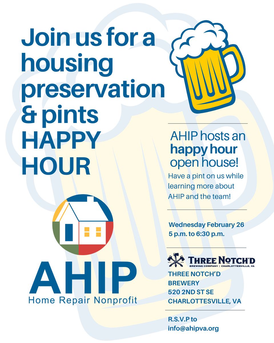 AHIP - Home Repair Nonprofit (@ahipva) on Twitter photo If you’re looking to support our community, consider stopping by our happy hour event on February 26th! We’ll be at Three Notch’d from 5 to 6:30 PM to discuss our neighbors’ repair needs and the impact you can have, so if you’re interested don’t forget to RSVP at info@ahipva.org If you’re looking to support our community, consider stopping by our happy hour event on February 26th! We’ll be at Three Notch’d from 5 to 6:30 PM to discuss our neighbors’ repair needs and the impact you can have, so if you’re interested don’t forget to RSVP at info@ahipva.org