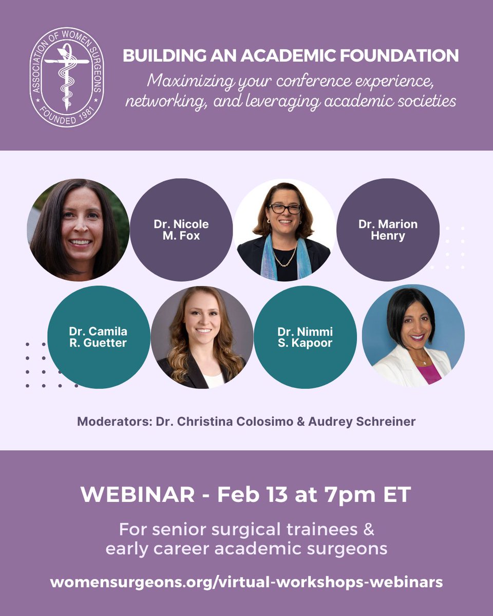 Have you registered for the "Building an Academic Foundation" webinar on 2/13 at 7pm ET? The February event will focus on "Maximizing your conference experience, networking, and leveraging academic societies."

Register at womensurgeons.org/virtual-worksh…