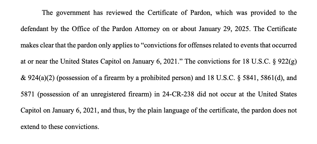 kyledcheney's tweet photo. NOTABLE: DOJ determines that a Jan. 6 defendant who was convicted of a firearm offense based on a search of his home must return to prison because the firearm charge is NOT covered by Trump's pardon. 

This was a point of contention among J6ers.

https://t.co/mg20t4DsHr https://t.co/sBB9n938tu