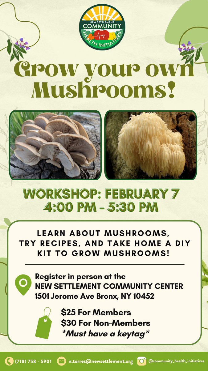 Join us tomorrow at the New Settlement Community Center to learn how to Grow Your Own Mushrooms🍄🍄‍🟫🍄