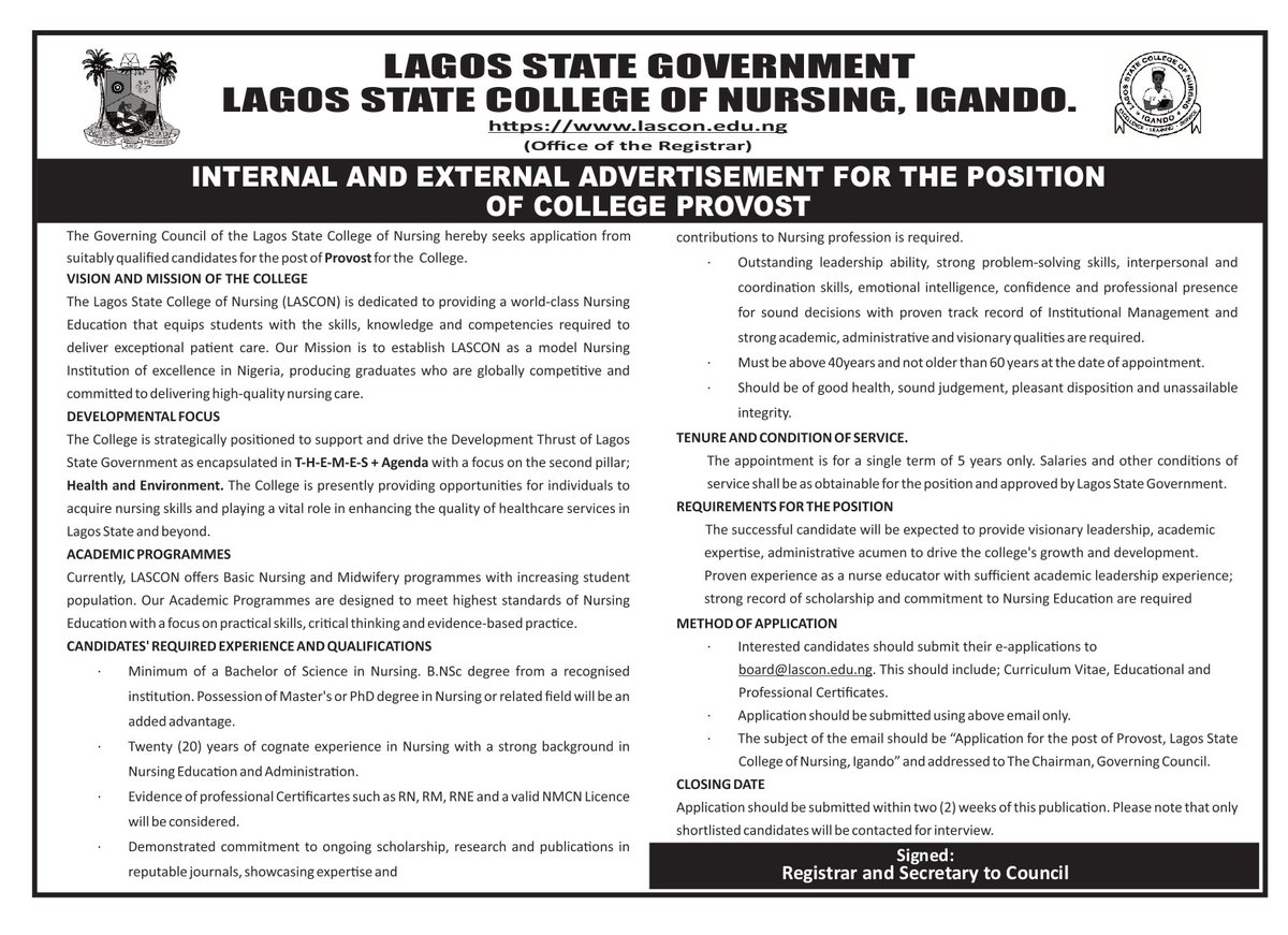 JOB ADVERTISEMENT FOR THE POSITION OF COLLEGE PROVOST...