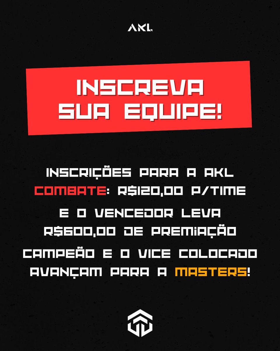 🔥 INSCRIÇÕES ABERTAS! 🔥

A AKL Combate chegou com tudo! ⚔️ Mostre que você tem o que é preciso para dominar a Combate e alcançar o topo. Essa é sua chance de brilhar e subir para a Masters!