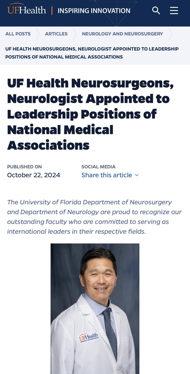 UF Health Neurosurgeons, Neurologist Appointed to Leadership Positions of National Medical Associations innovation.ufhealth.org/2024/10/22/uf-…