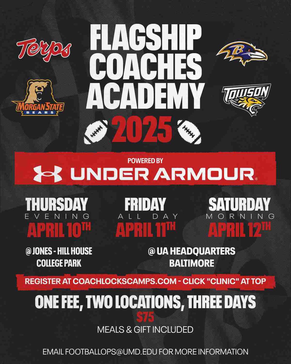 Tommy Paolucci (@paoluccipg) on Twitter photo ๐จ <a href="/TerpsFootball/">Maryland Football</a> annual coaches clinic April 10-12 in College Park and Baltimore, co-hosted by <a href="/UnderArmour/">Under Armour</a> at UAHQ.
<a href="/Ravens/">Baltimore Ravens</a> <a href="/MSUBearsFB/">Morgan State Football</a> <a href="/Towson_FB/">Towson Football</a> coaches and others presenting. More details to comeโฆ
Register at coachlockscamps.com nowโผ๏ธ ๐จ <a href="/TerpsFootball/">Maryland Football</a> annual coaches clinic April 10-12 in College Park and Baltimore, co-hosted by <a href="/UnderArmour/">Under Armour</a> at UAHQ.
<a href="/Ravens/">Baltimore Ravens</a> <a href="/MSUBearsFB/">Morgan State Football</a> <a href="/Towson_FB/">Towson Football</a> coaches and others presenting. More details to comeโฆ
Register at coachlockscamps.com nowโผ๏ธ