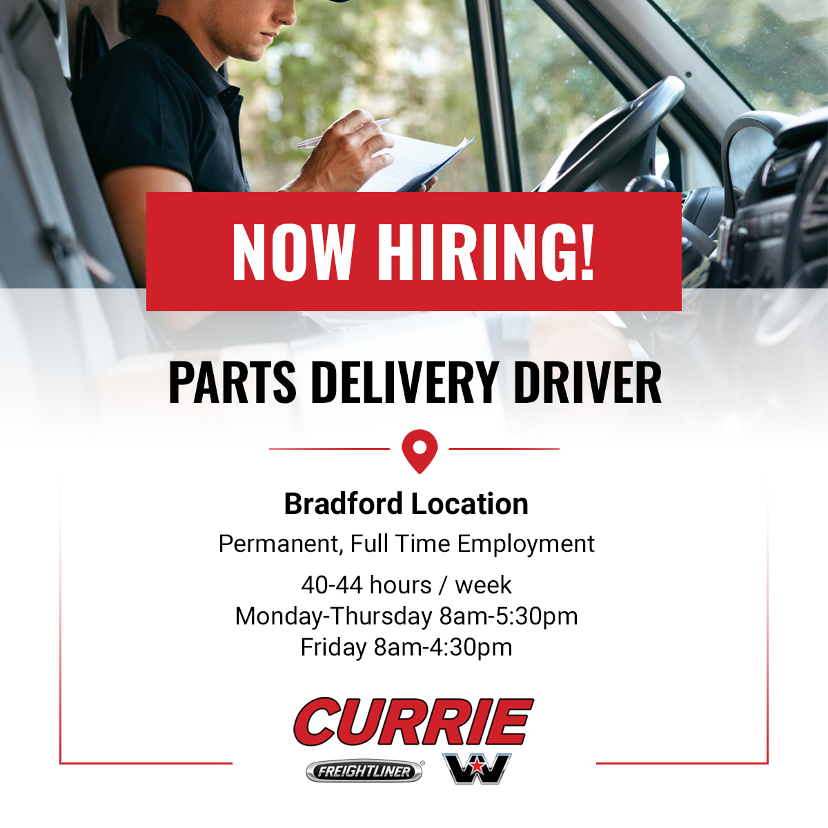 Now Hiring: We're looking for a reliable Parts Delivery Driver for full-time #employment at our #Bradford #Ontario location. Learn more and apply to #work with us at currietruckcentre.com/join-the-team/