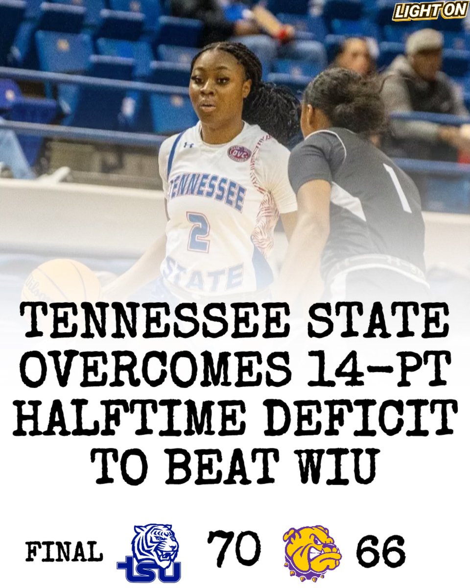 LIGHT ON COLLEGE SPORTS (@lightonsports) on Twitter photo WBB Final: Tennessee State Overcomes A 14-Point Halftime Deficit To Defeat WIU, 70-66. ๐
<a href="/TSUTigersWBB/">Tennessee State Womenโs Basketball</a> Pickup Their 2nd Win In A Row.
#RoarCity WBB Final: Tennessee State Overcomes A 14-Point Halftime Deficit To Defeat WIU, 70-66. ๐
<a href="/TSUTigersWBB/">Tennessee State Womenโs Basketball</a> Pickup Their 2nd Win In A Row.
#RoarCity