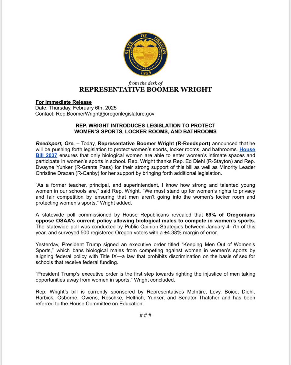 Oregon Republicans have a bill to protect women’s intimate spaces &amp; sports, that would put Oregon into compliance with federal policy. Of course the Dems haven’t scheduled it for a hearing. Contact House Ed Cttee Chair Rep. Neron: Rep.CourtneyNeron@oregonlegislature.gov