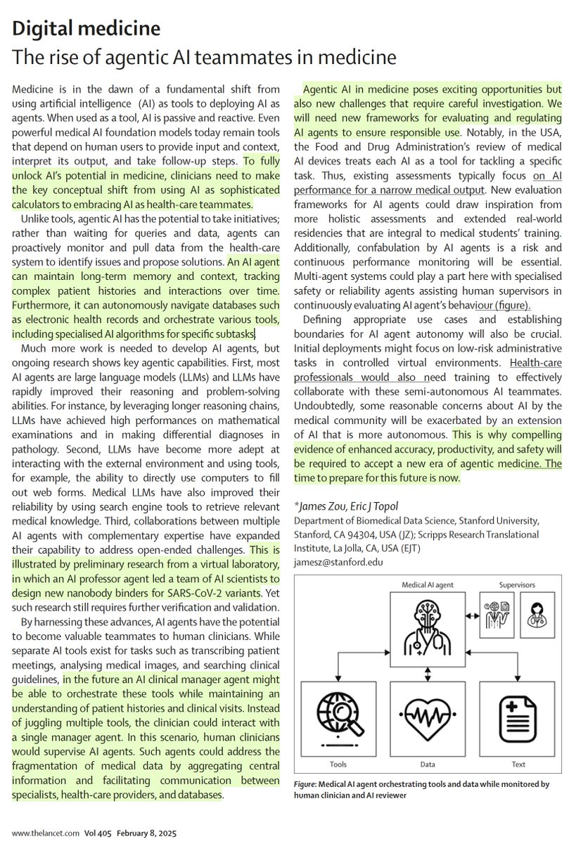 Our new piece in <a href="/TheLancet/">The Lancet</a> on the potential of AI agents in medicine <a href="/james_y_zou/">James Zou</a> 
thelancet.com/journals/lance…